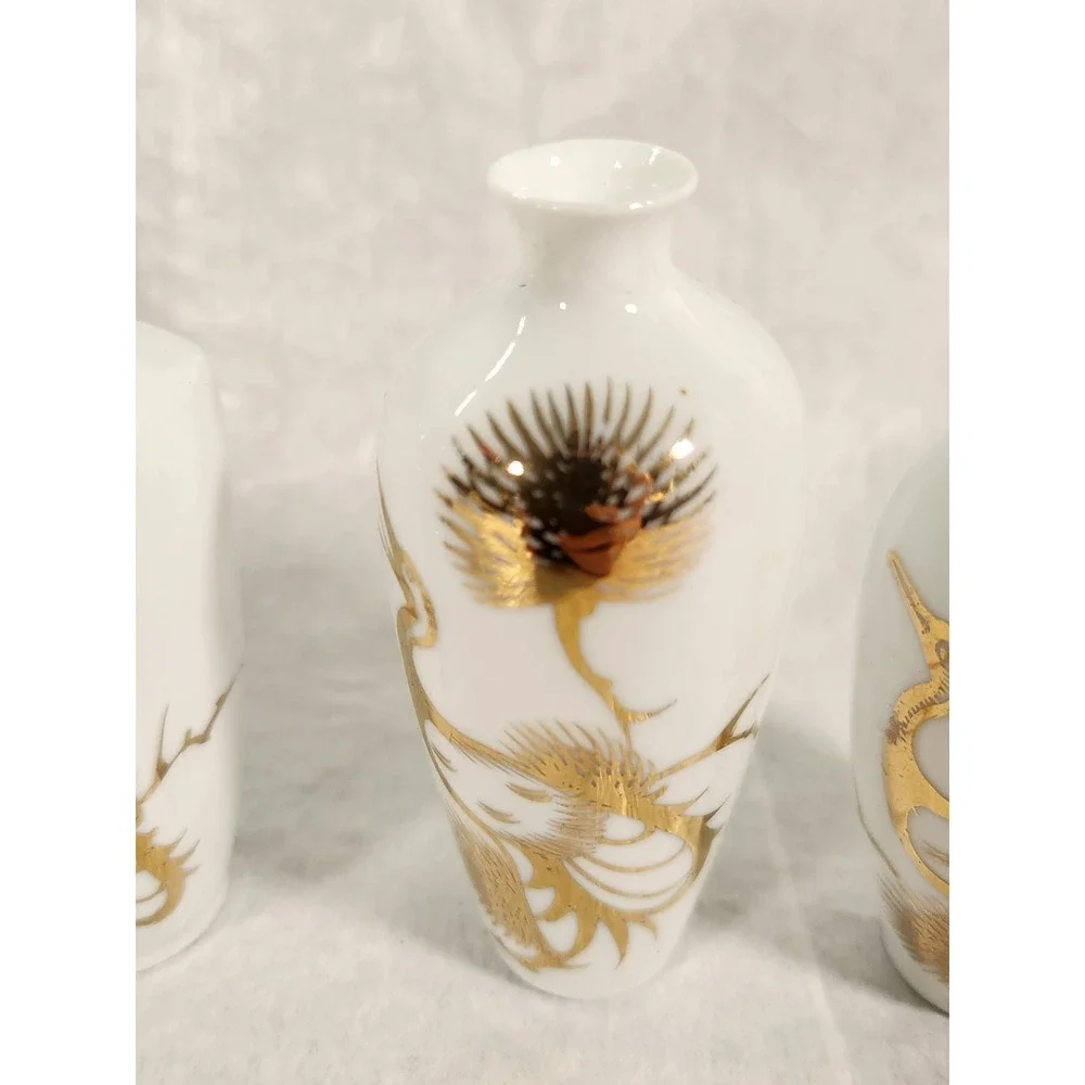 Vintage Jingdezhen Chinese Miniature Porcelain Bud Vase Set 5pc Gold Crane Box
